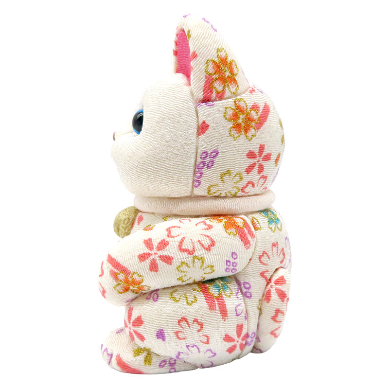 木目込み人形　招き猫  中 ちりめん友禅 白 lucky cat