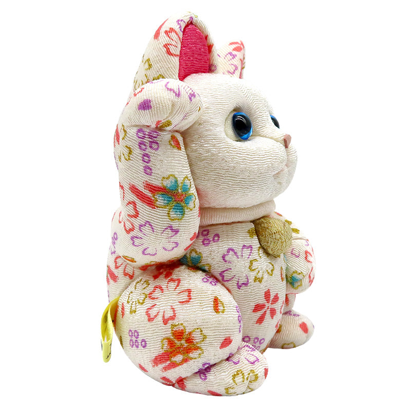 木目込み人形　招き猫  中 ちりめん友禅 白 lucky cat