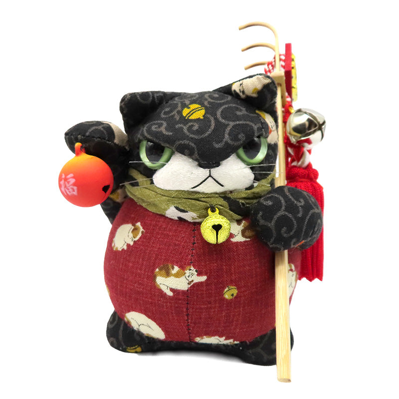 萩工房　わるねこ　熊手・鈴持ち　猫柄 右手上げ　座布団付き